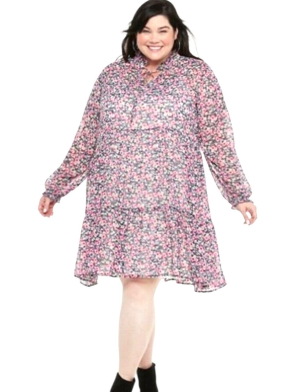 EVRI Black/Pink Floral Chiffon Tiered Mini Dress Long Slvs Ruffles Plus Size 0X
